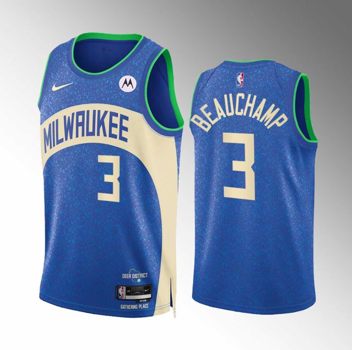 Mens Milwaukee Bucks #3 MarJon Beauchamp Blue 2023-24 City Edition Stitched Basketball Jersey Dzhi